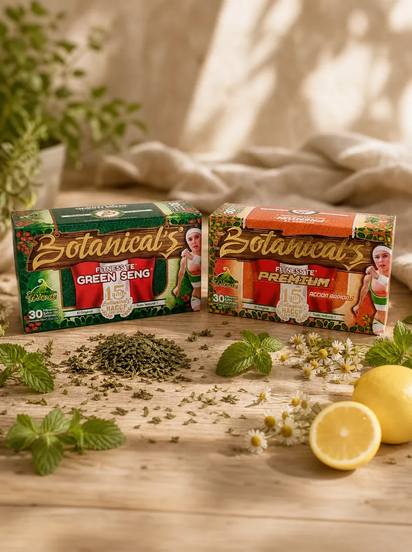 Cajas de Botanical's Verde y Naranja sobre mesa de madera con menta y limón