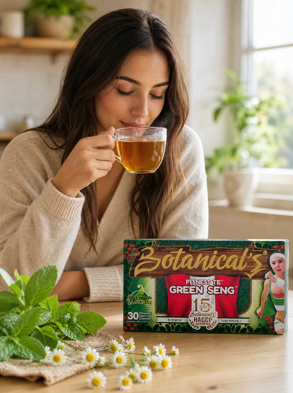 Persona disfrutando una taza de Botanical's Verde en su cocina